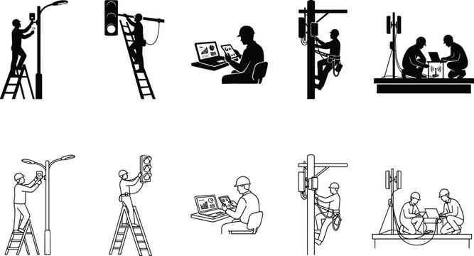 Electrical technician and utility worker maintenance vector set in silhouette and line art styleElectrical technician and utility worker maintenance vector set in silhouette and line art style