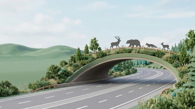 Biodiversity Restoration and Climate Adaptation, Wildlife bridge over a highway in a natural landscape, showing animal silhouettes for safe crossing.