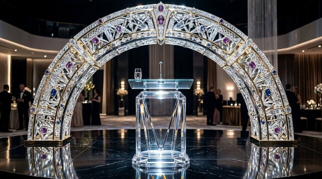 Elaborate archway entrance with decorative elements and podium