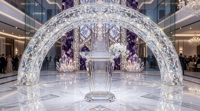 Elaborate crystal archway with podium in opulent grand interior setting