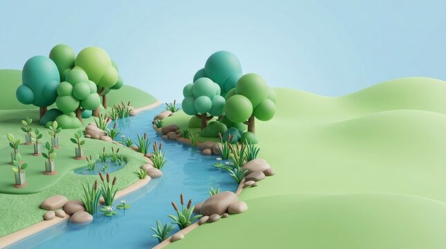 Biodiversity Restoration and Climate Adaptation, Stylized natural landscape with a winding river, green hills, trees, and plants under a blue sky. Idealized nature sc...