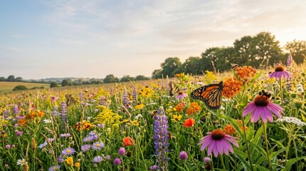 Obraz premium Biodiversity Restoration and Climate Adaptation, Vibrant wildflower meadow with monarch butterflies and purple coneflowers under a bright summer sky.