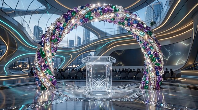 Futuristic stage with decorative arch and podium for presentation