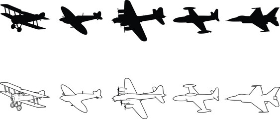 Vintage airplane and modern fighter jet aviation vector set in silhouette and line art styleVintage airplane and modern fighter jet aviation vector set in silhouette and line art style © MdAnowarHossain