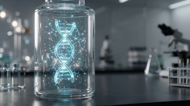 Glowing dna helix inside laboratory glass container science research concept