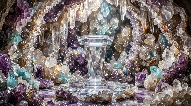 Illuminated crystal cave display pedestal with sparkling geode formations