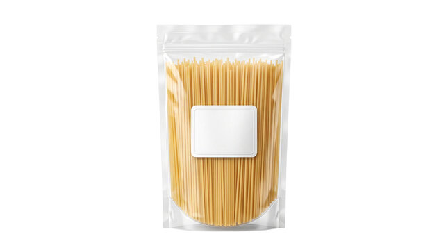 Spaghetti pasta in transparent plastic pouch, dry italian noodles in doy-pack with white label, food packaging mockup for retail isolated PNG with Transparent Background