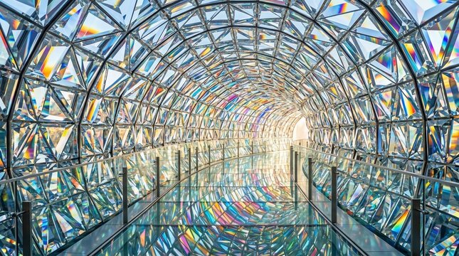 Kaleidoscopic glass tunnel with reflective floor and natural light
