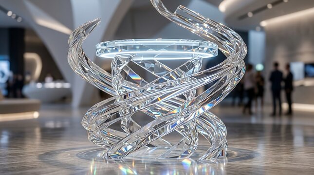 Modern abstract sculpture with swirling glass elements and illuminated top