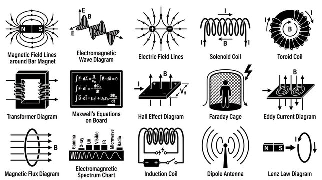 Electromagnetism physics icon set. Scientific diagrams of magnetic fields and electric circuits.