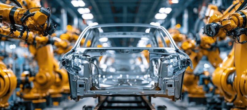 Robotic arms assemble car frame on factory production line
