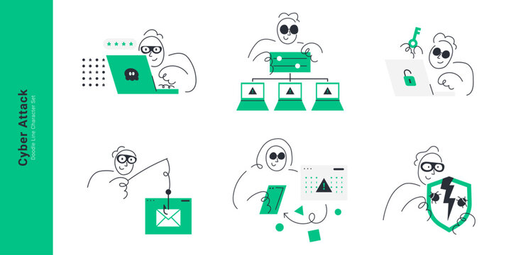 Cyber attack and security threat concepts. Doodle line hacker characters stealing passwords, phishing email, spreading malware, and bypassing security shields.
