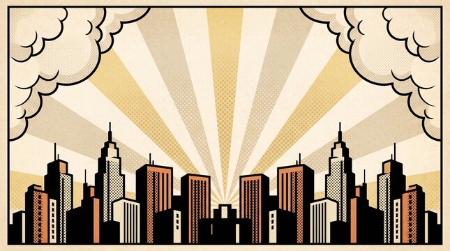 Golden brown city skyline enhanced by classic burst rays and comic-style clouds. Excellent for business branding, travel posters, editorial layouts, and architectural illustrations.