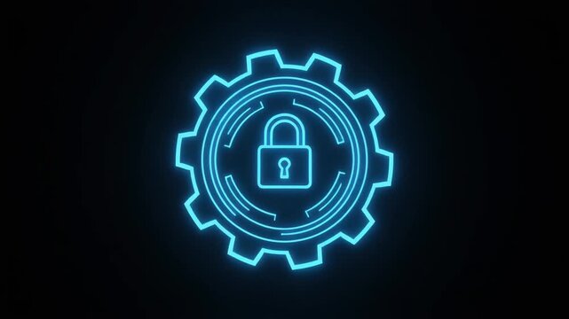 Glowing blue gear with central padlock on dark background, symbolizing cybersecurity, system protection, and secure technological operations concept.