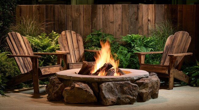 Cozy outdoor seating surrounds a stone fire pit with crackling flames