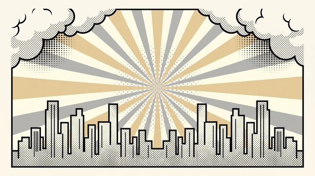 Minimal cream city skyline with elegant vintage rays and soft cloud details. Ideal for clean presentations, editorial graphics, branding, and business materials.