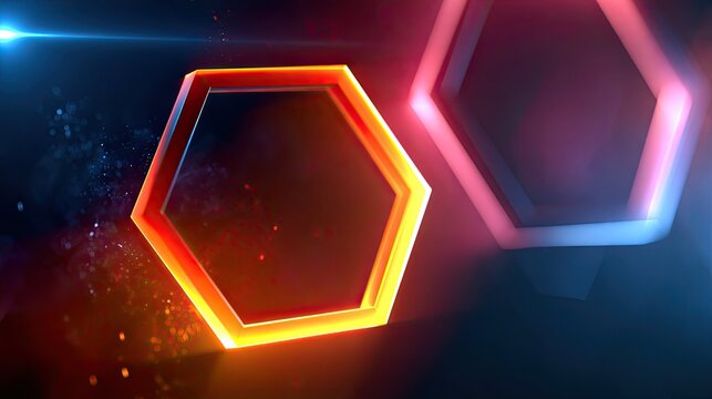 Glowing, metallic hexagons float against a dark, particle-filled background