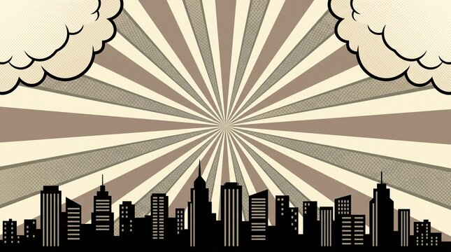 Minimal sepia city skyline featuring retro radial rays and comic clouds. Ideal for historical themes, architecture presentations, websites, and creative marketing materials.