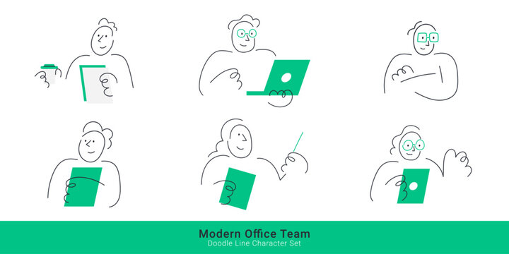 Modern office team and business corporate concepts. Doodle line character set of diverse employees working on laptops, holding documents, drinking coffee, and presenting.