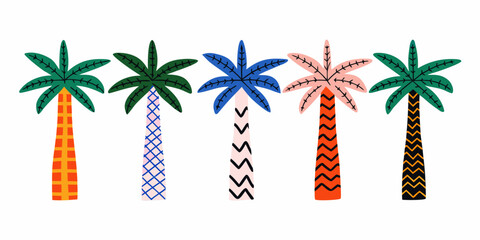 Palm trees vector illustration with patterned trunks and green fronds © Ritu