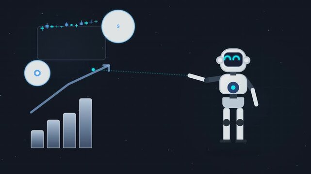 Animated robot pointing at rising growth bar chart and dollar currency icon in space.