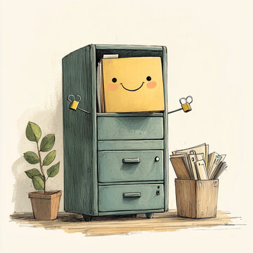 Cheerful Office Organizer with Happy Files and Plants for Bright Spaces