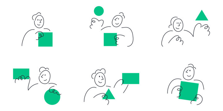 Problem solving and abstract thinking concepts. Doodle line characters interacting with green geometric shapes like square, circle, and triangle.