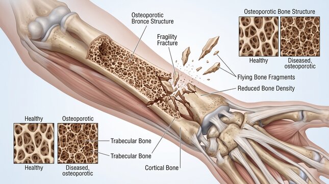 Detailed anatomical illustration of human bone structure and types.