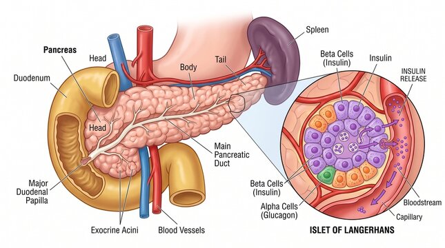 Detailed anatomical illustration of pancreas and islets of Langerhans.
