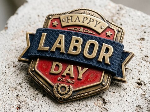 Vintage Style Bronze Labor Day Shield Emblem with Metallic Text and Leather Texture Detail on Stone Background
