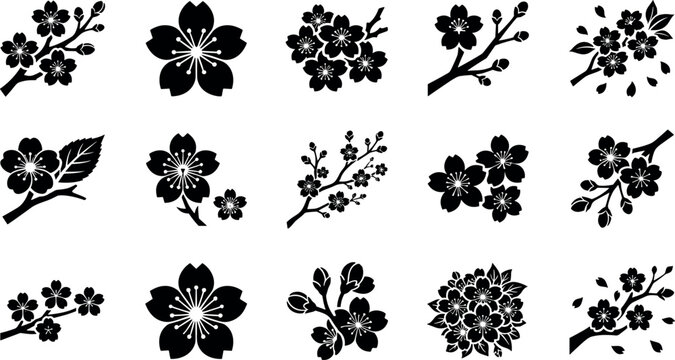 Set of cherry blossom icons, sakura flower silhouettes