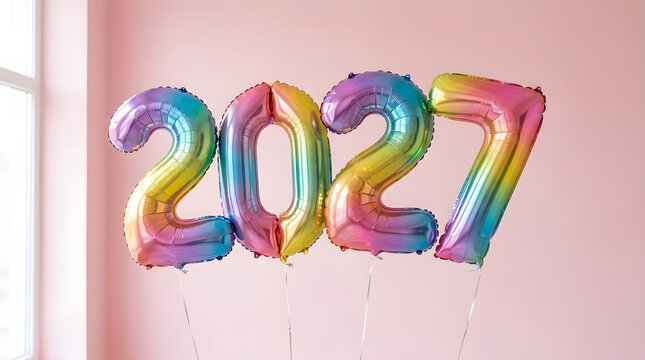 Colorful rainbow gradient foil balloons forming the number 2027 against a soft pink studio background