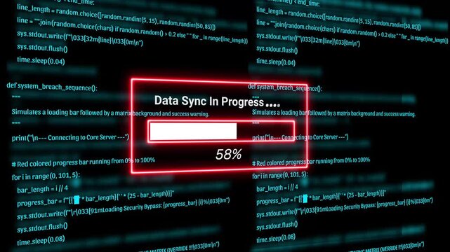  Cyber Security Hacker Terminal with data sync in progress Alert and Matrix Code Background Motion Graphics