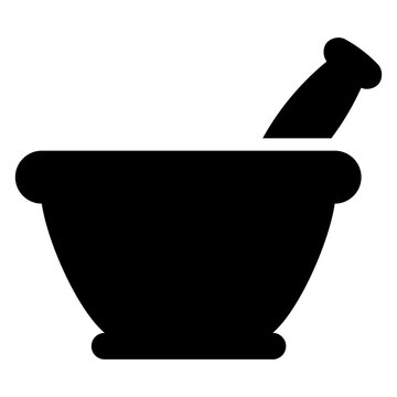 Icono con dibujo sencillo con la silueta de un mortero de cocina o laboratorio de farmacia 