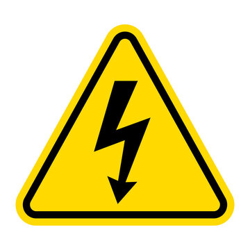 Yellow electrical hazard warning sign with bold lightning bolt, high voltage safety symbol and caution icon