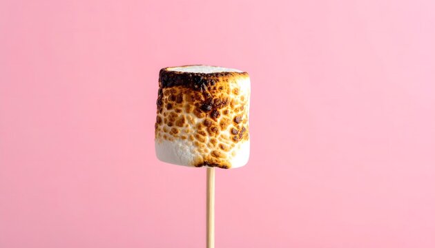 Malvavisco tostado en un palillo sobre fondo rosa minimalista con espacio para texto