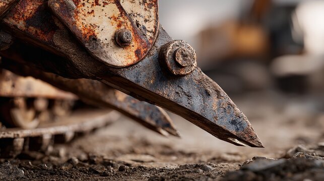 Close-up view of a rusty excavator bucket teeth digging into the ground