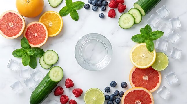 A refreshing summer refresher recipe featuring fresh citrus fruits, berries, cucumber, and mint arranged around a glass of water on a white marble background
