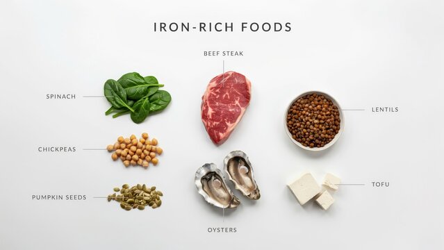 Iron rich foods nutritional infographic arrangement with nutrition wellness minerals infographic educational balanced ingredients lifestyle nutrients superfood vegetarian supplement