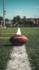 Fototapeta premium An American football lies directly on the white yard line of a green turf field, with a clear sky and blurred stadium backdrop