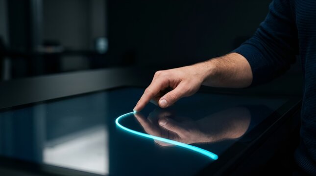 Futuristic touchscreen interface with glowing blue light, male hand interacting with digital display, high tech innovation and data visualization concept