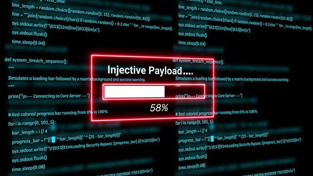  Cyber Security Hacker Terminal with injective payload Alert and Matrix Code Background Motion Graphics