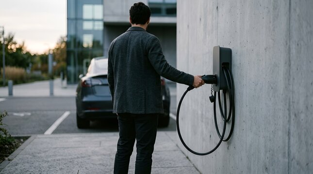 Electric vehicle charging station with businessman, modern EV car charger on concrete wall, sustainable transportation and green energy concept