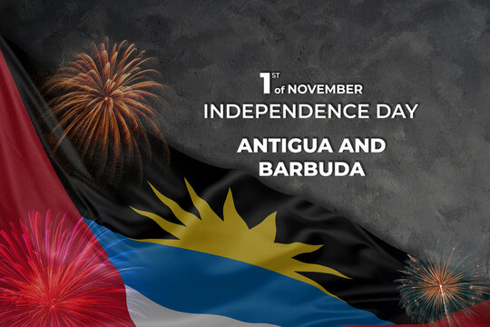 Antigua and Barbuda independence day greetings card with flag and fireworks