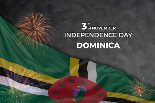 Dominica independence day greetings card with flag and fireworks