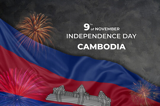 Cambodia independence day greetings card with flag and fireworks