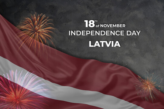 Latvia independence day greetings card with flag and fireworks