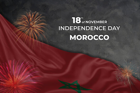 Morocco independence day greetings card with flag and fireworks