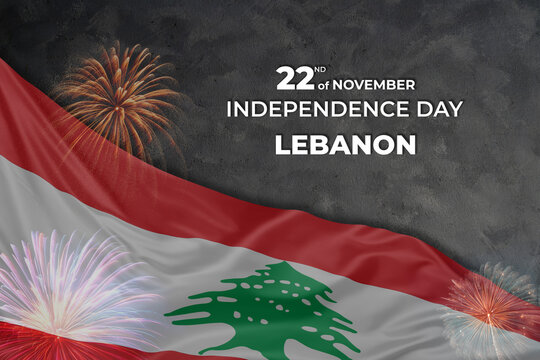 Lebanon independence day greetings card with flag and fireworks
