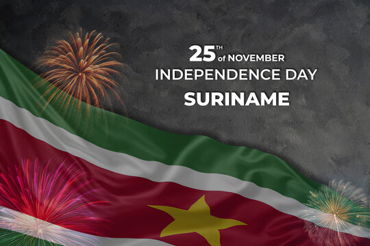 Suriname independence day greetings card with flag and fireworks